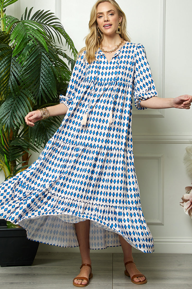 Print Three Quarter Puff Sleeve Maxi Dress â CEZELE