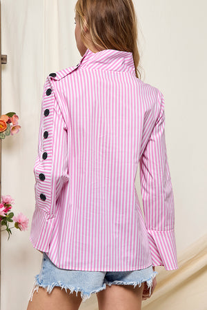 Striped High Collar Blouse with side button