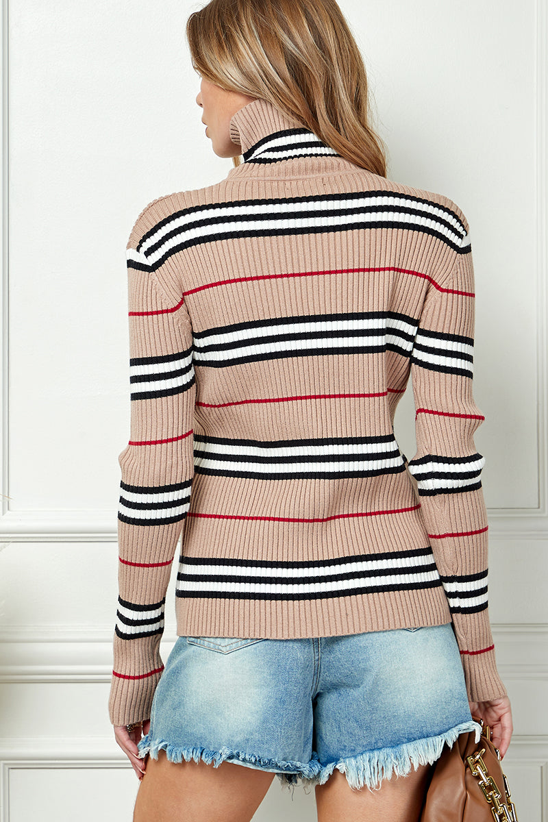 Striped Print High Neck Sweater