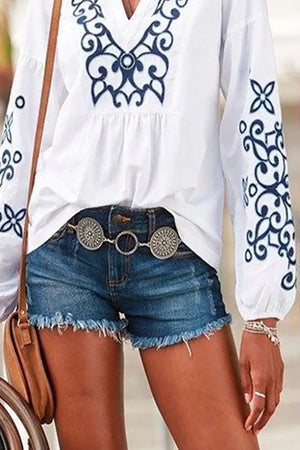 Tribal Embroidery V Neck Casual  Shirt