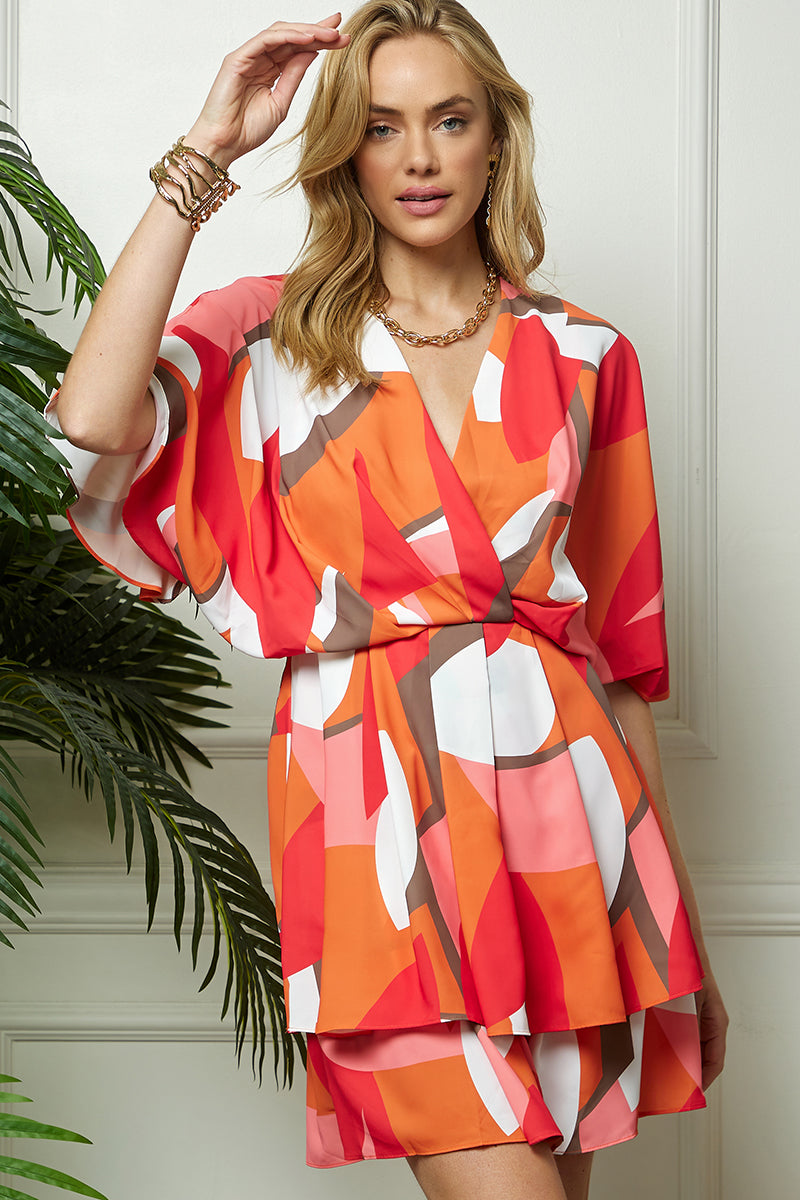 Batwing Sleeve Print Double Layered Dress