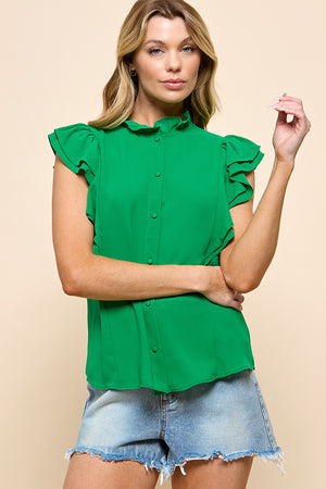 Double Layered Ruffle Button Down Blouse