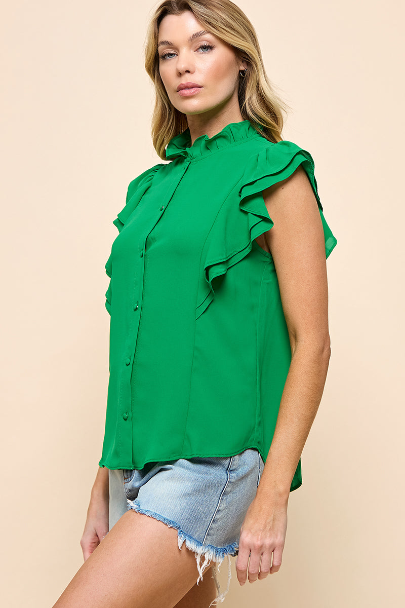 Double Layered Ruffle Button Down Blouse