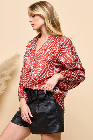 Casual red color print button closure top