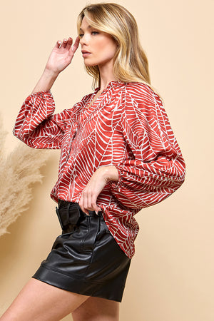 Casual red color print button closure top