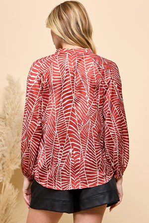 Casual red color print button closure top