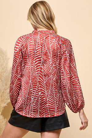 Casual red color print button closure top