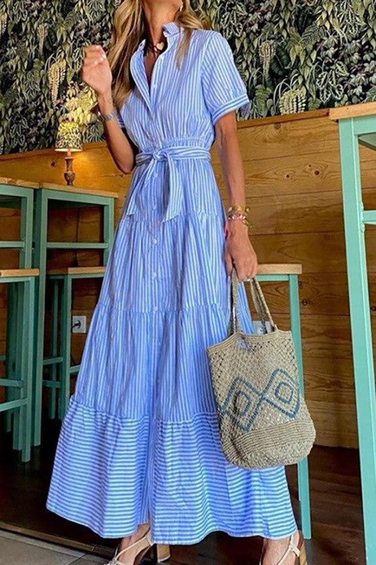 Blue Striped Print Maxi Dress