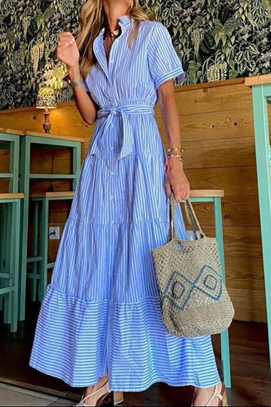 Blue Striped Print Maxi Dress