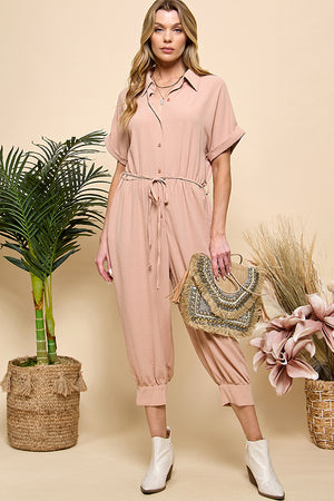 Button Pockets Drawstring Jumpsuit