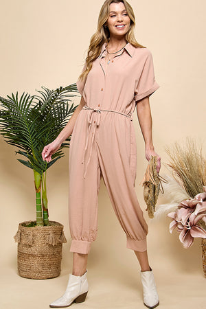 Button Pockets Drawstring Jumpsuit