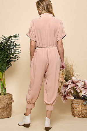 Button Pockets Drawstring Jumpsuit