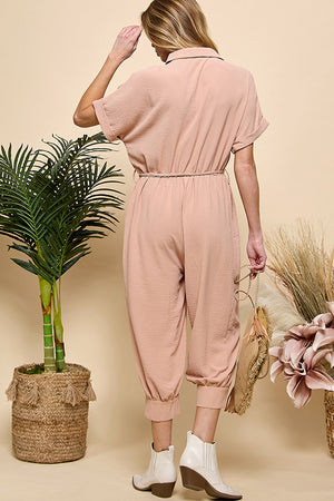 Button Pockets Drawstring Jumpsuit