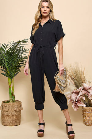 Button Pockets Drawstring Jumpsuit