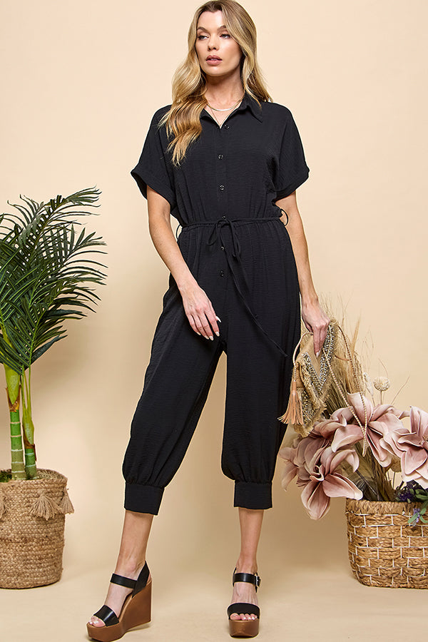 Button Pockets Drawstring Jumpsuit