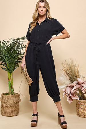 Button Pockets Drawstring Jumpsuit