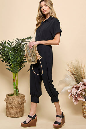 Button Pockets Drawstring Jumpsuit