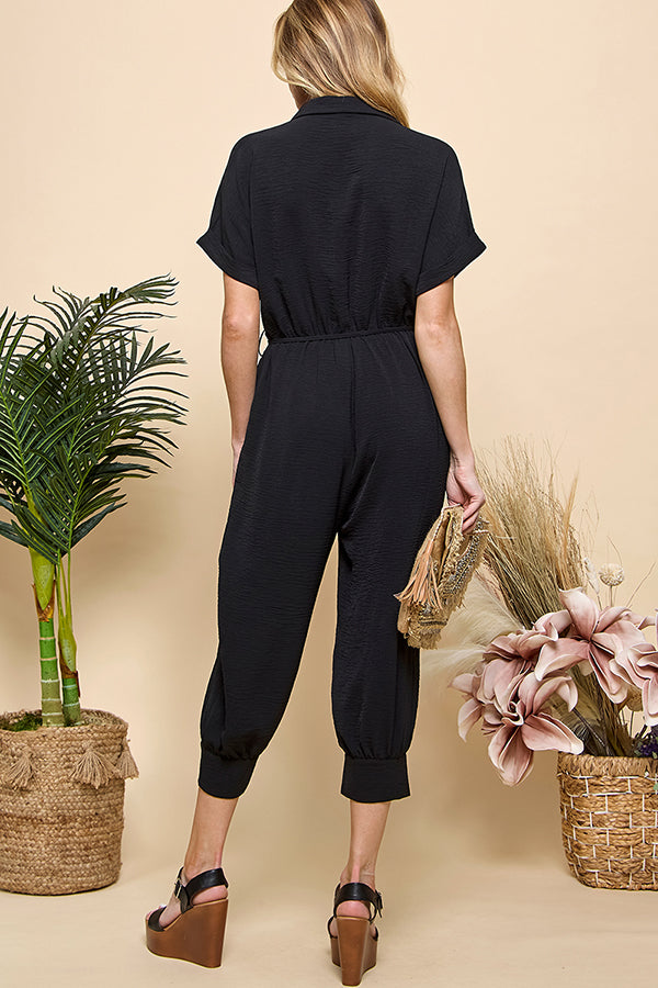 Button Pockets Drawstring Jumpsuit