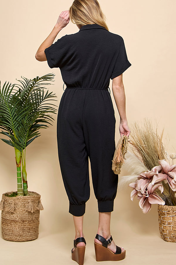 Button Pockets Drawstring Jumpsuit