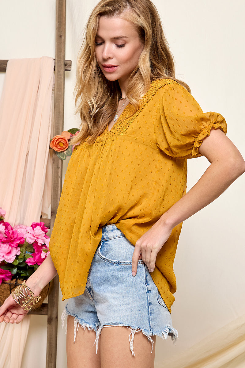 Lace patchwork short sleeve casual top