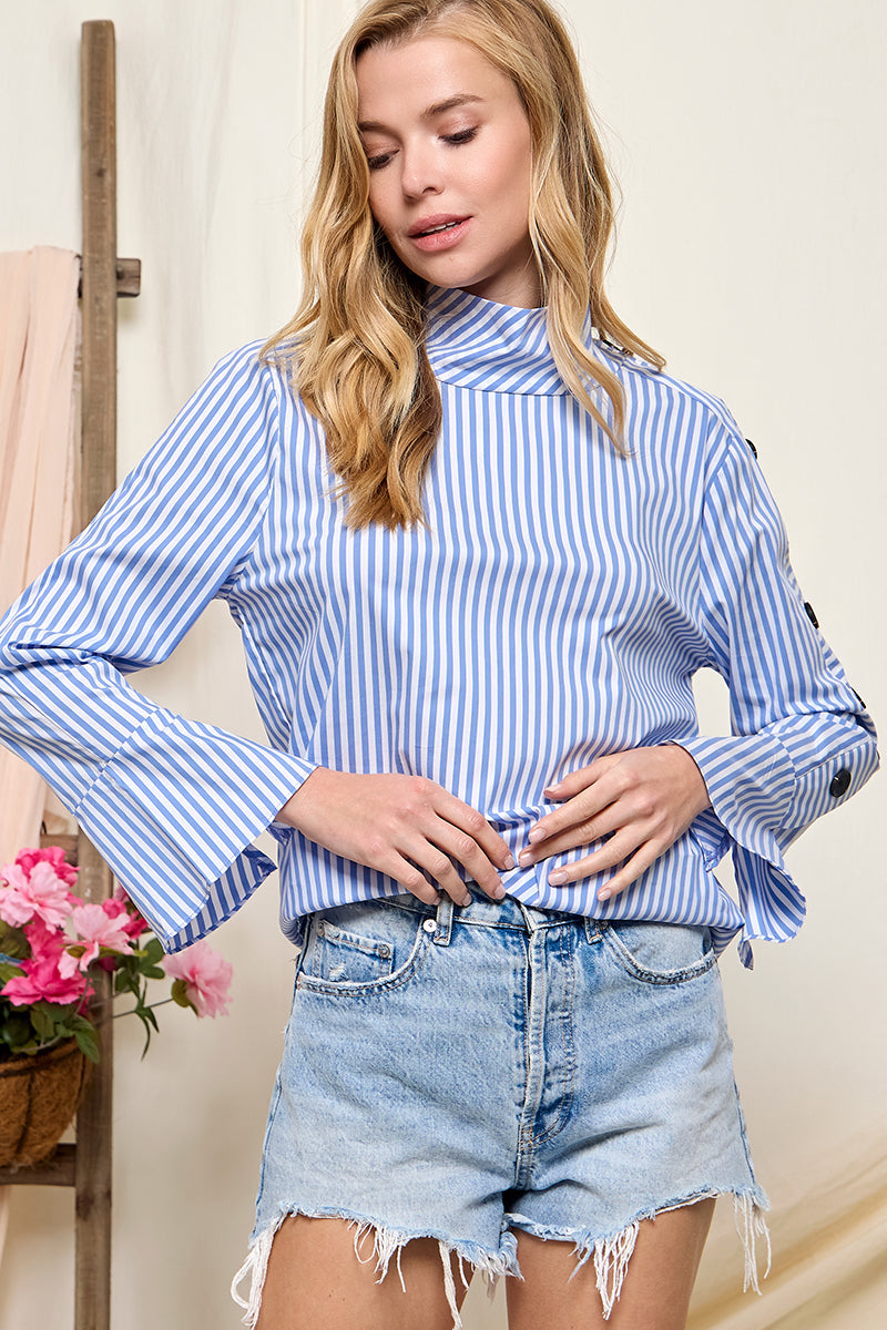 Striped High Collar Blouse with side button