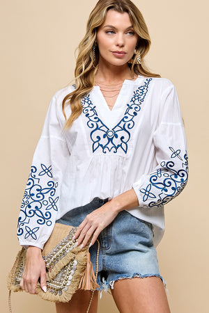 Tribal Embroidery V Neck Casual  Shirt