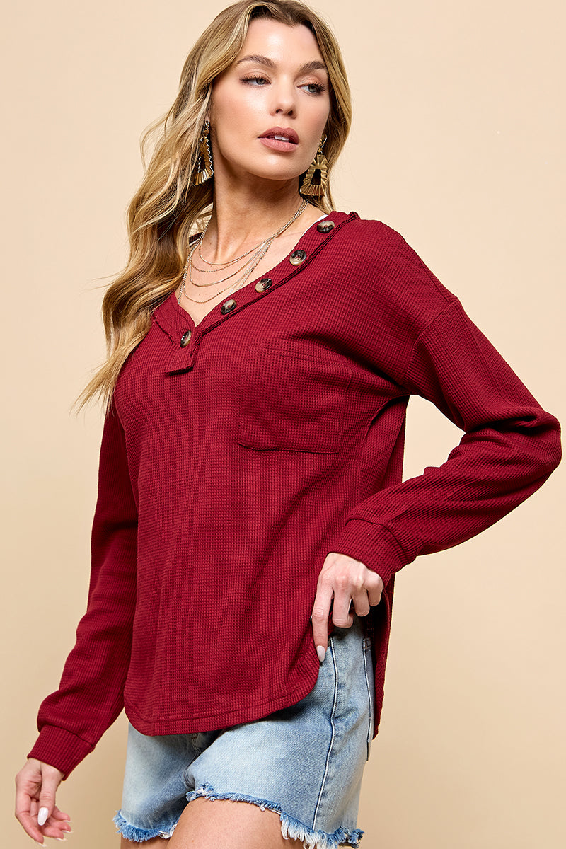 Long Sleeve V Neck Solid Top