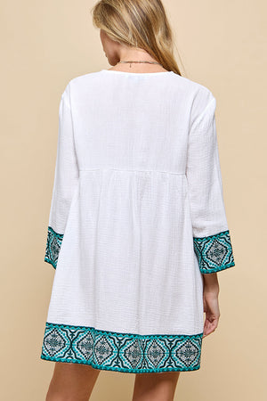 White Embroidery Patchwork V Neck Mini Dress