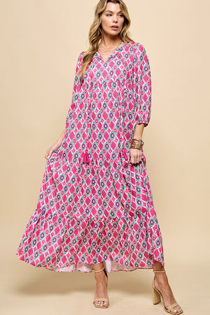 3/4 Lantern Sleeve Print Boho Maxi Dress