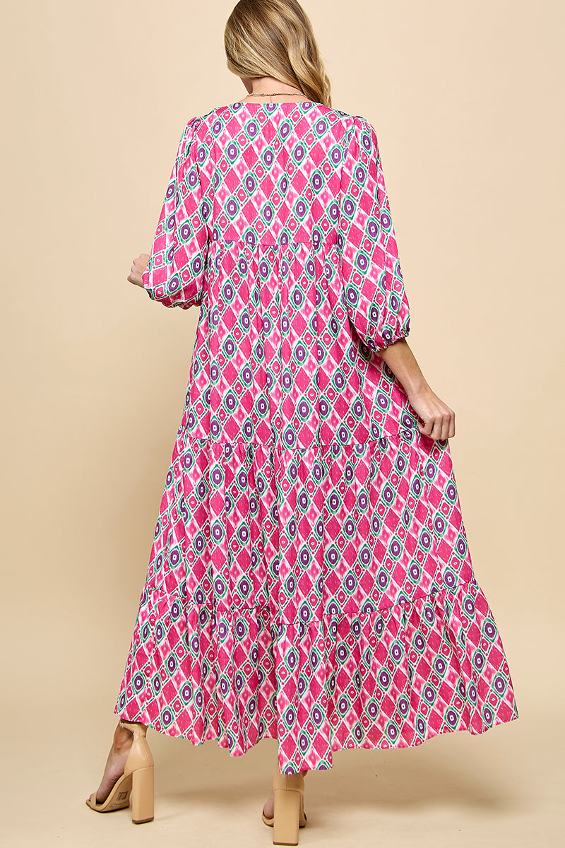 3/4 Lantern Sleeve Print Boho Maxi Dress