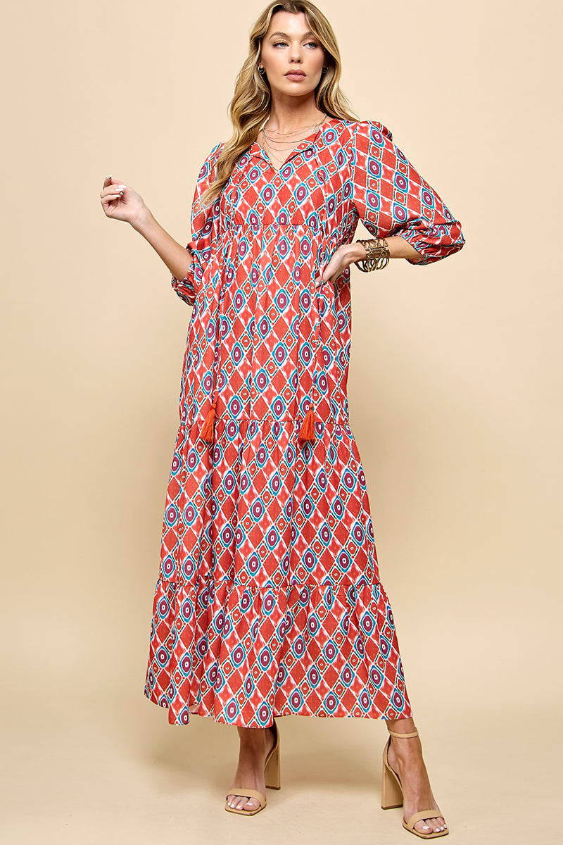 boho maxi dress 3/4 sleeve Linen Blend Fall Dress Women's Boho Maxi Dress