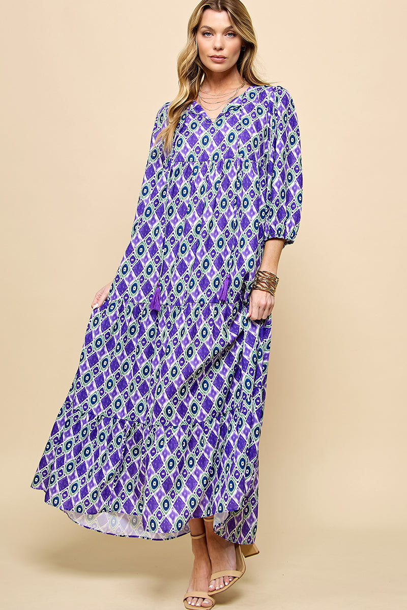 3/4 Lantern Sleeve Print Boho Maxi Dress Purple 3/4 Lantern Sleeve Print Boho Maxi Dress Purple