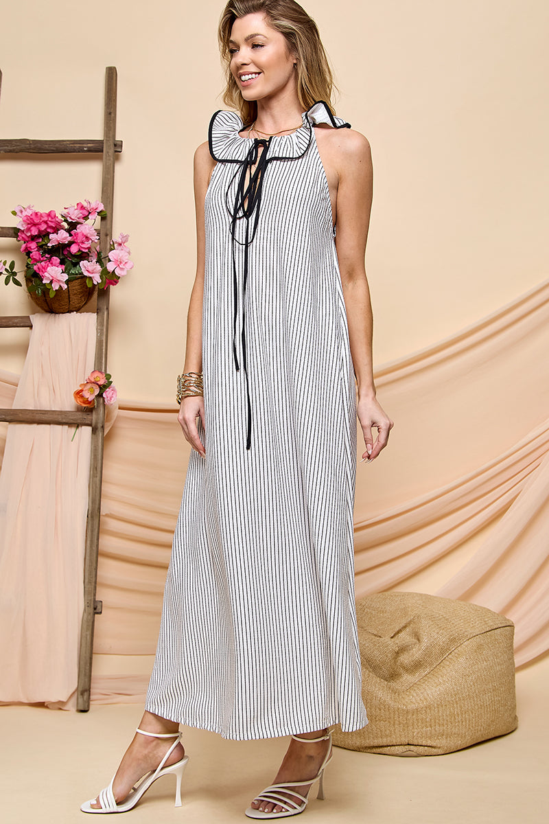 Casual striped pattern ruffle neck long dress