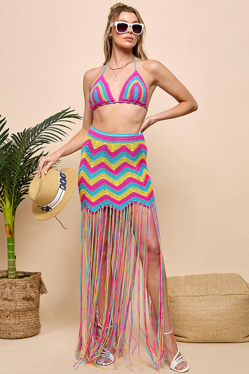 Crocheted Wave Pattern Fringed Cover-up