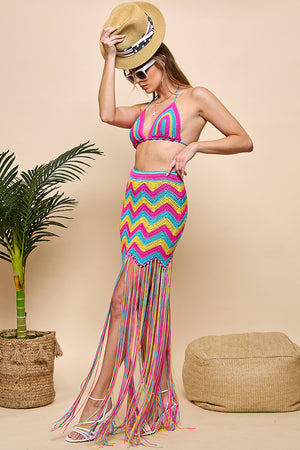 Crocheted Wave Pattern Fringed Cover-up