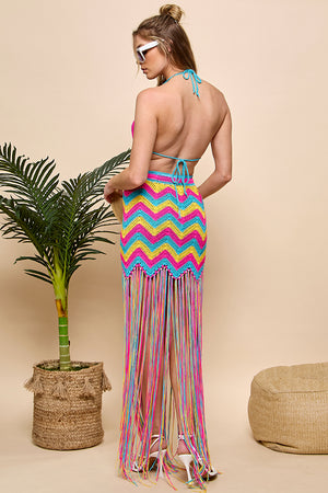 Crocheted Wave Pattern Fringed Cover-up