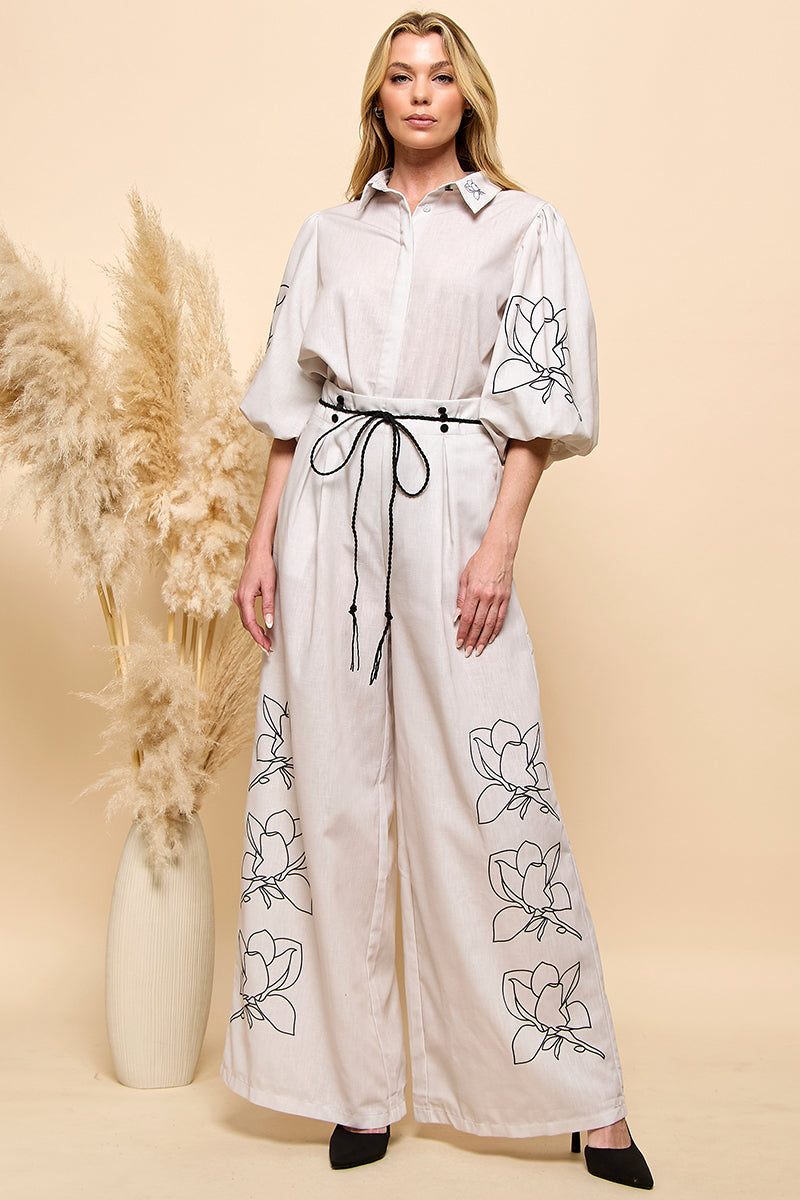 Flower Print Lantern Sleeve and Wide Leg Pants