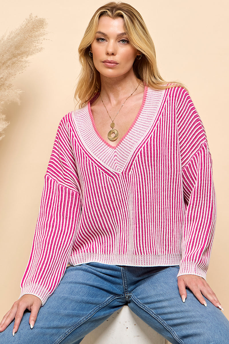 V Neck Stripe Knit Sweater