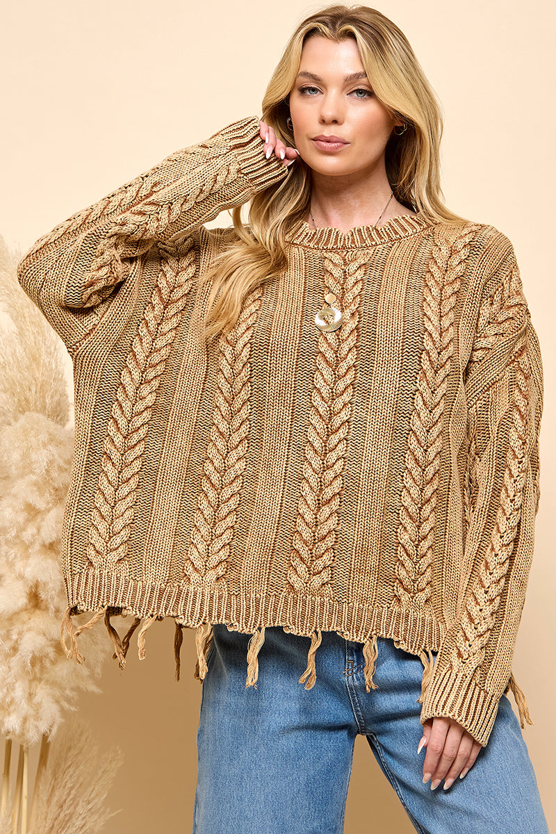 Cable Knit Mineral Wash Fringe Sweater