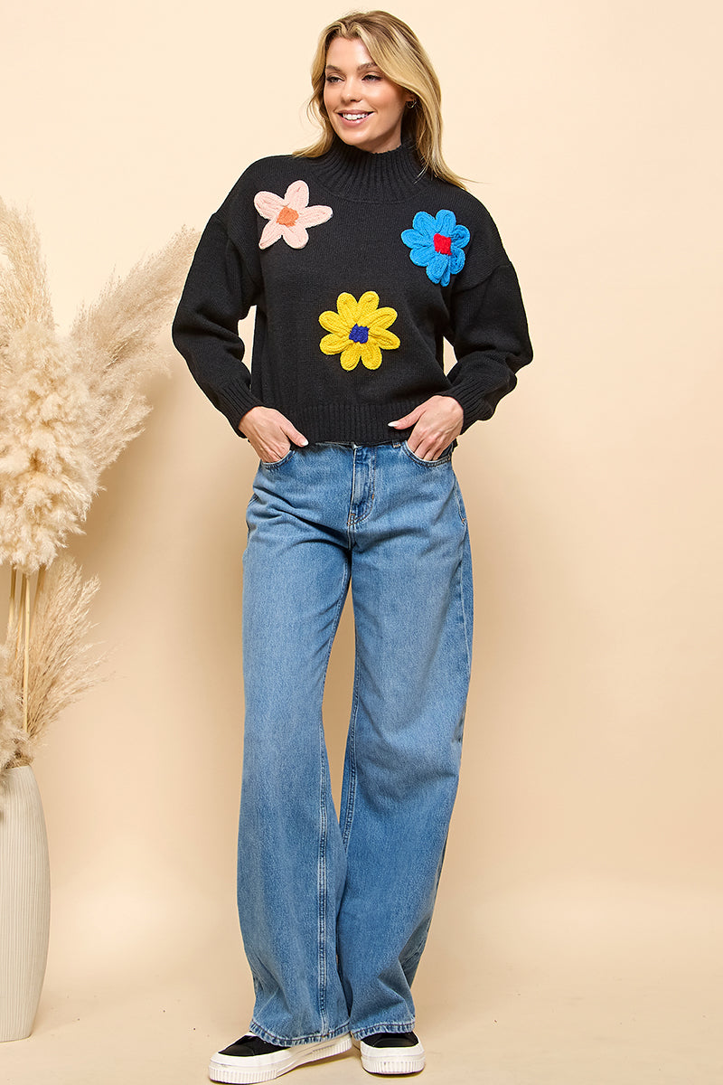 Floral Patch Mock Neck Sweater