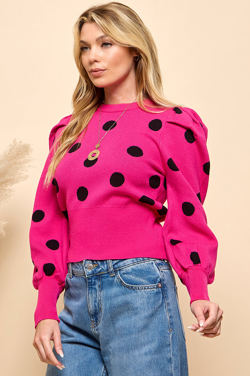 Polka Dotted Puff Sleeve Sweater