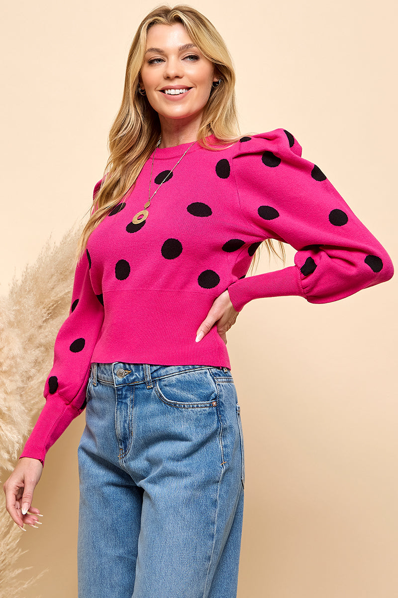 Polka Dotted Puff Sleeve Sweater