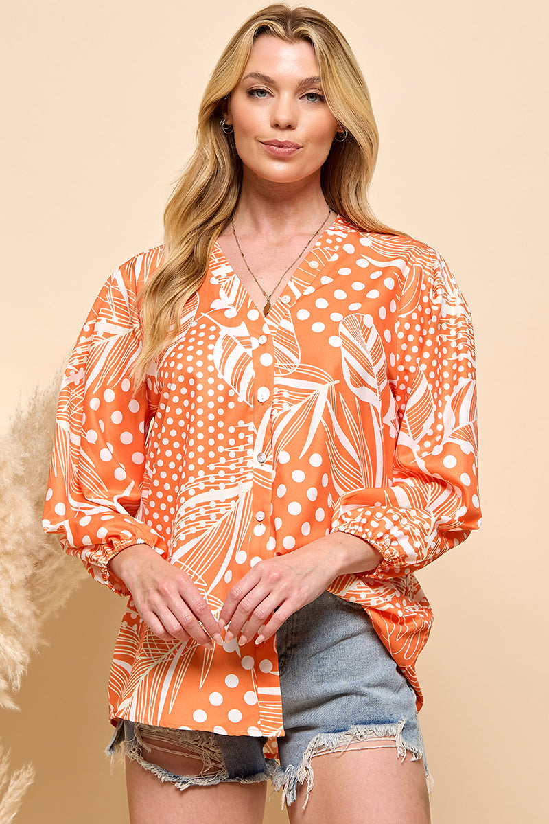 Casual orange color print button closure top