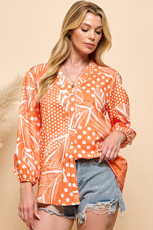 Casual orange color print button closure top