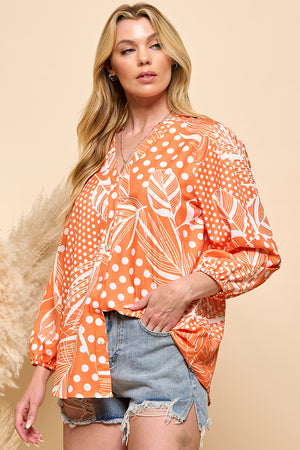 Casual orange color print button closure top