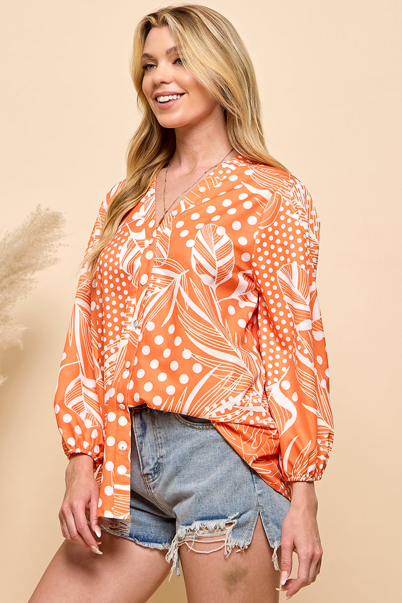 Casual orange color print button closure top