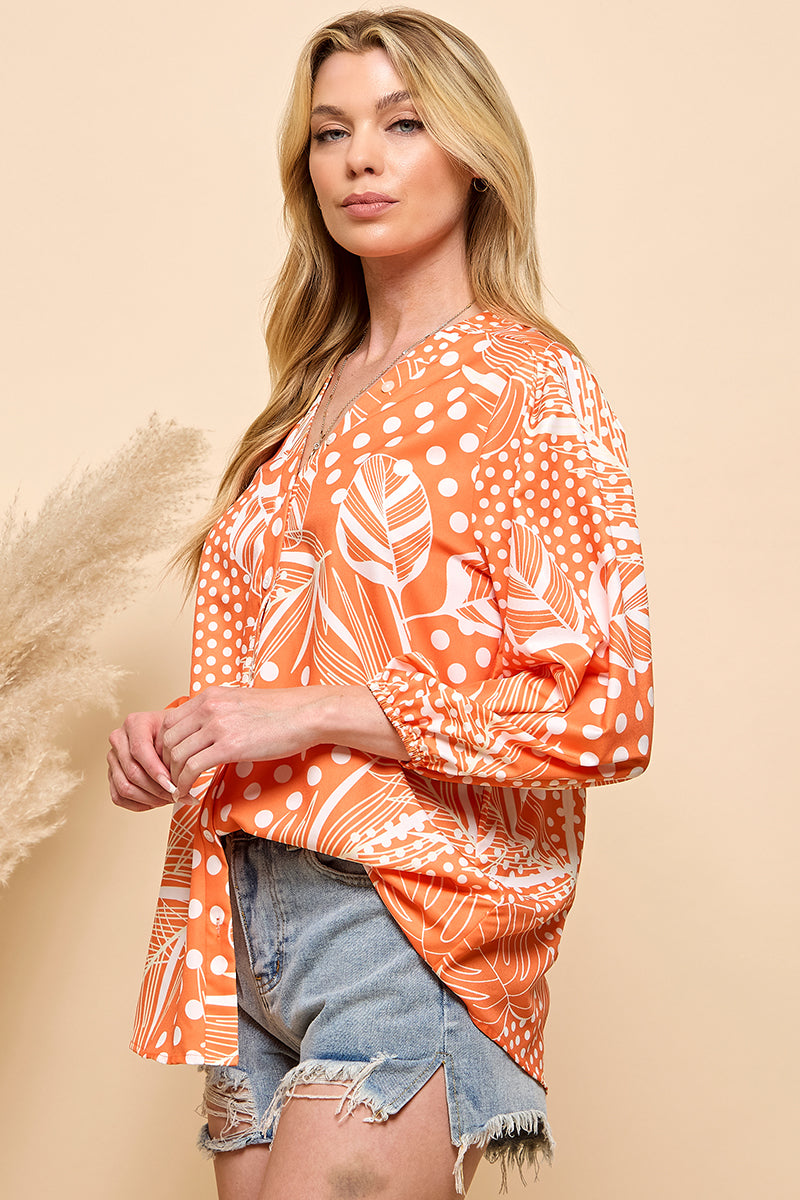 Casual orange color print button closure top