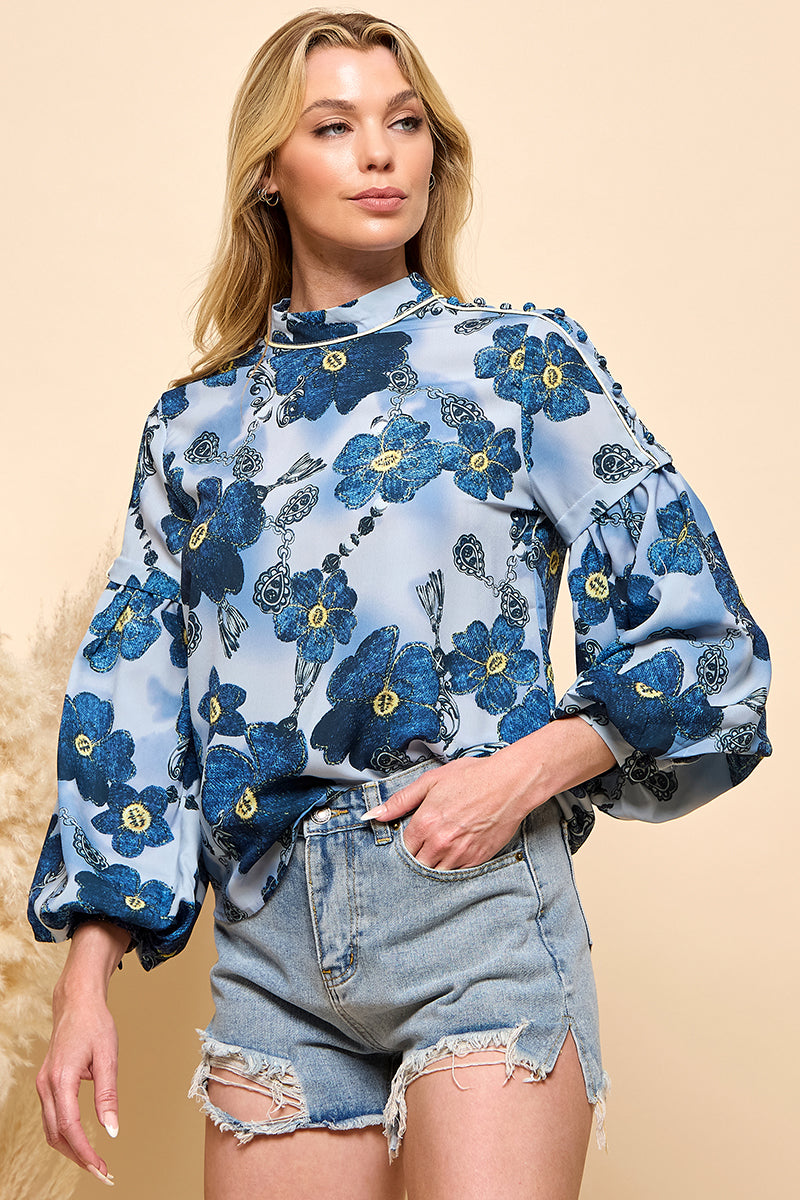 Floral Print Lantern Sleeve Blouse