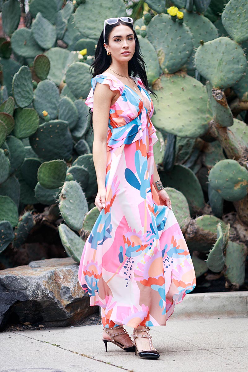 Multi Print Ruffle Maxi Dress