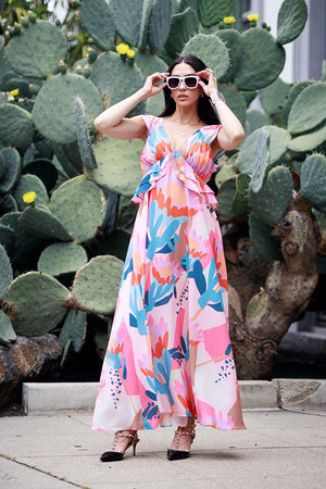 Multi Print Ruffle Maxi Dress